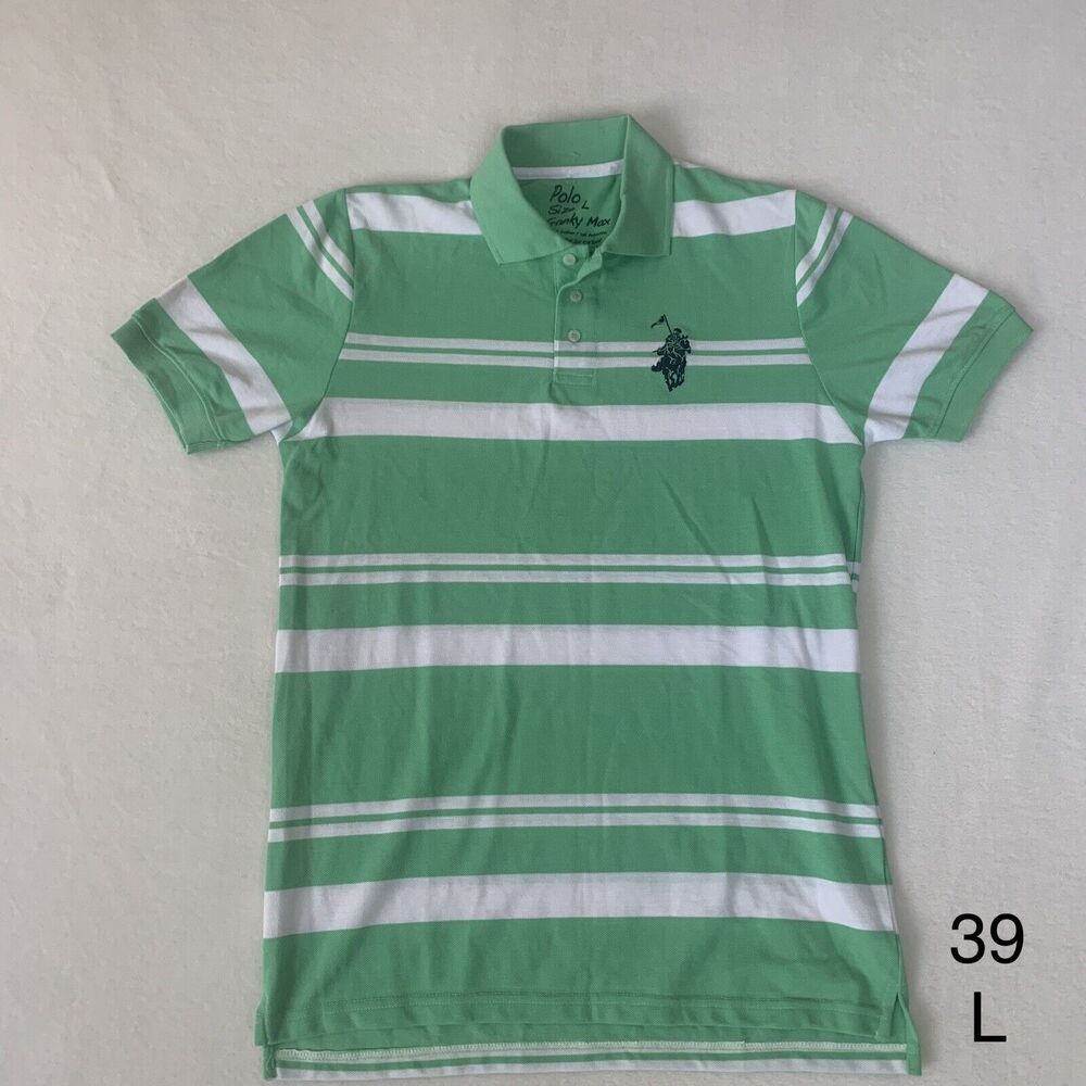 Polo By Franky Max Men Size‎ L Short Sleeve Shirt Green And White Strip.
